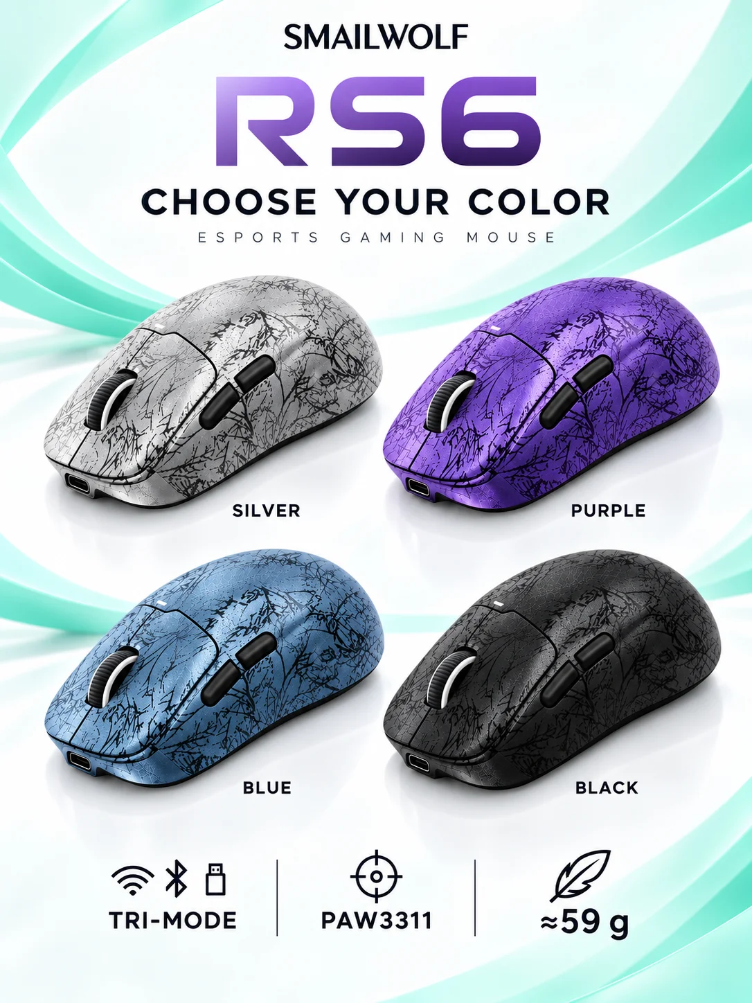 Esports Gaming Mouse Wireless - Ratón inalámbrico para juegos SMAILWOLF RS6,